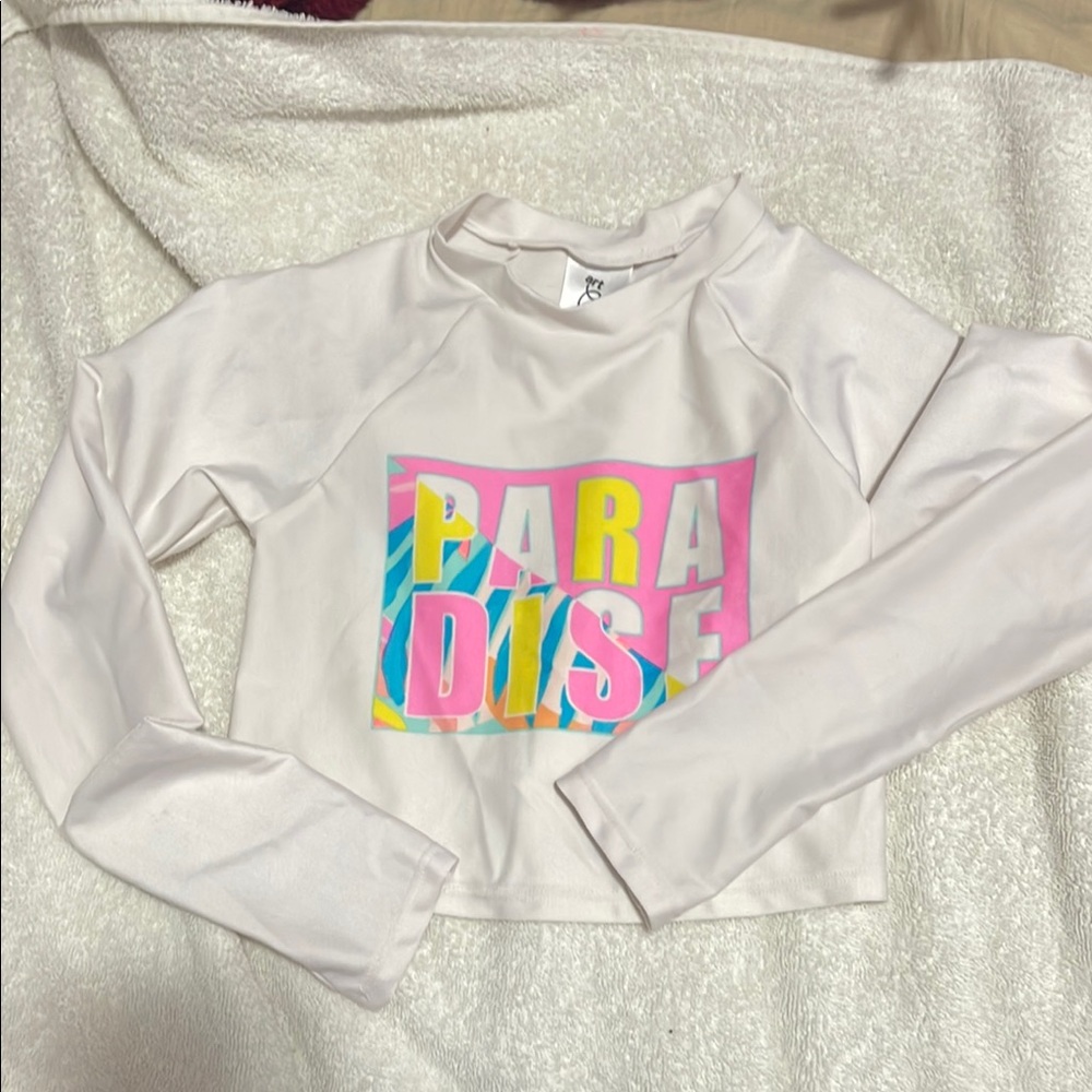 White and Pink Rashguard Swim Top with Vibrant Design